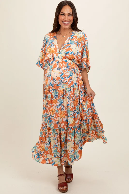 Peach Floral Dolman Sleeve Tiered Maternity Dress