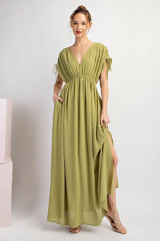 Light Olive V-Neck Drawstring Short Sleeve Side Slit Maxi Dress