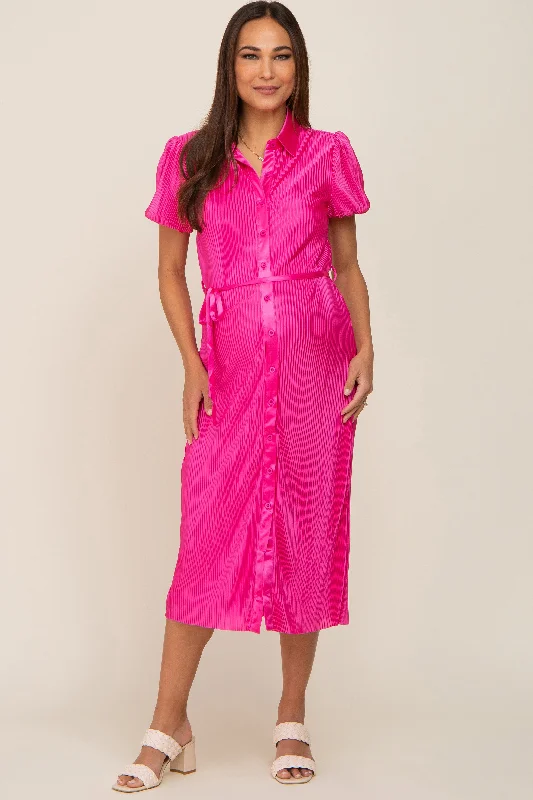 Fuchsia Pleated Button-Down Collared Maternity Midi Dress