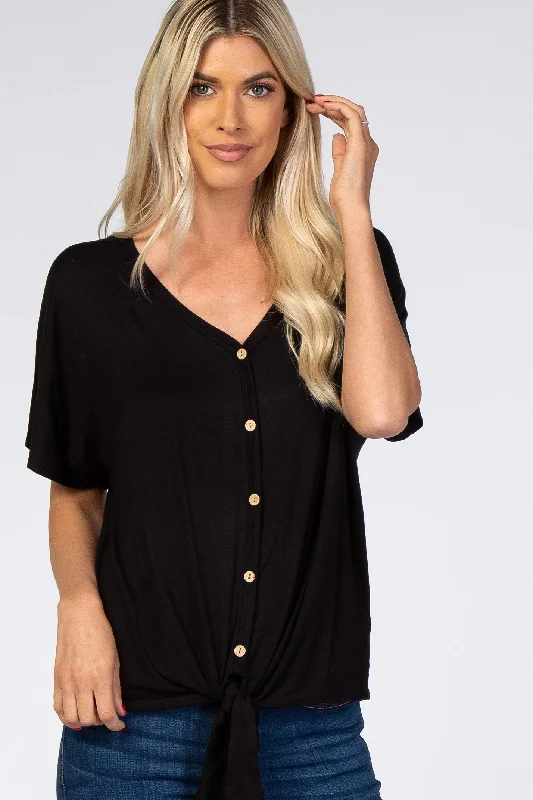 Black Tie Front Short Sleeve Top