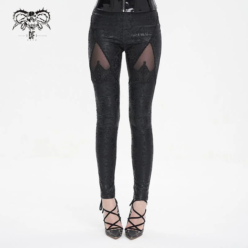 Women's Gothic Floral Embroidered Mesh Splice Leggings