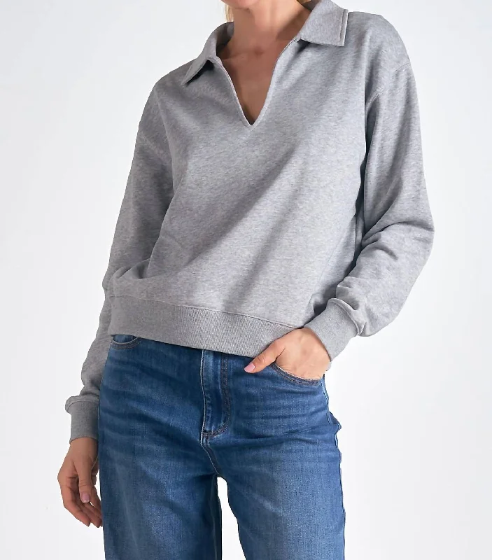 Long Sleeve Collared Top In Heather Grey