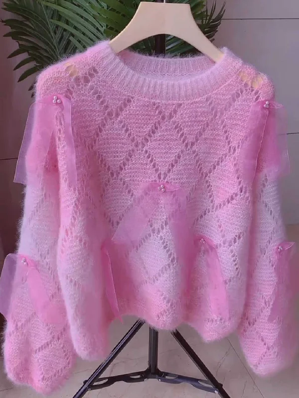 Elegant Bows and Pearl Pastel Pink Sweater