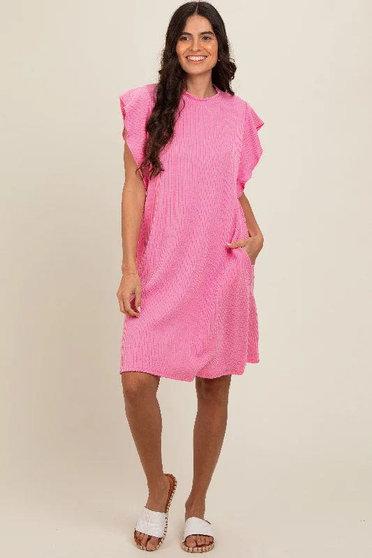 Pink Ribbed Ruffle Sleeve Dress