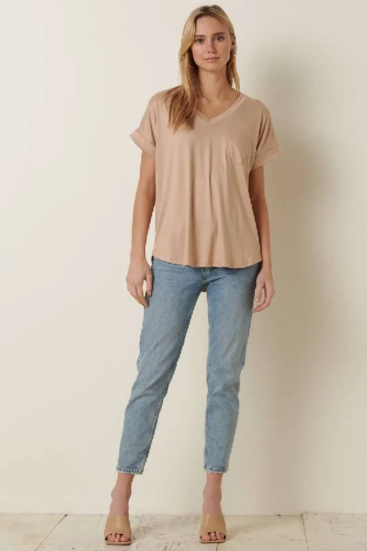 Beige V-Neck Pocket Short Sleeve Shirt