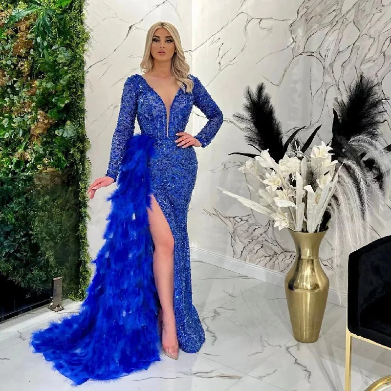 Blue Beading Sequined Feathers V Neck Long Sleeve Sweep Train Prom Dress