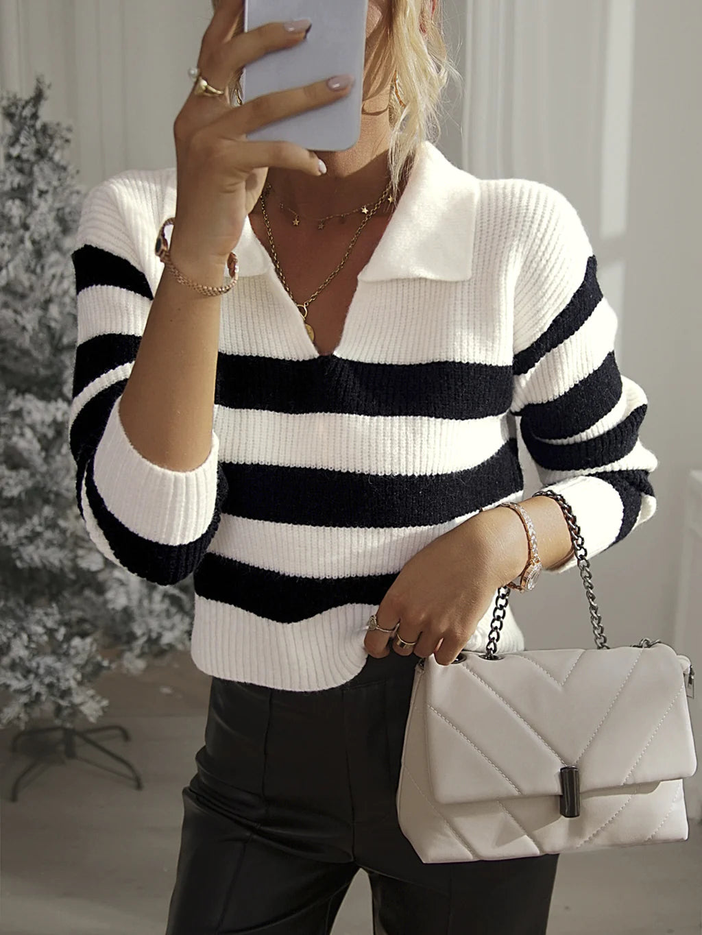 FASHION SHIRT COLLAR STRIPED SWEATER