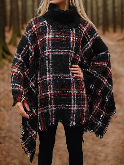 Turtleneck Plaid Raw Hem Sweater Fashion Poncho