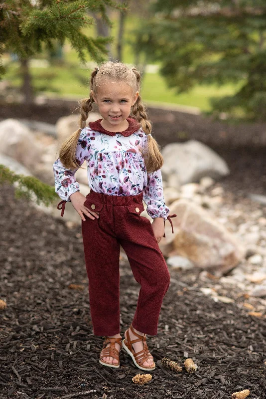 Kids Wine Burgundy Corduroy Pocket Bow Winter Pant Set