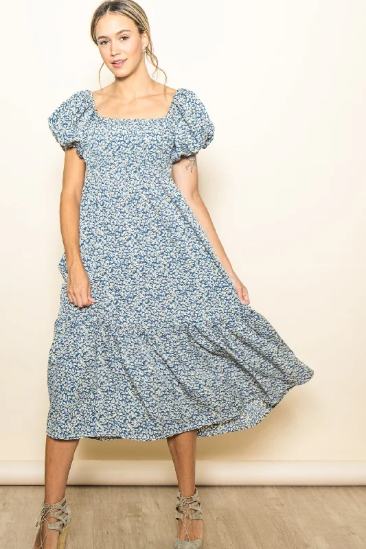 Blue Floral Puffed Sleeve Midi Dress