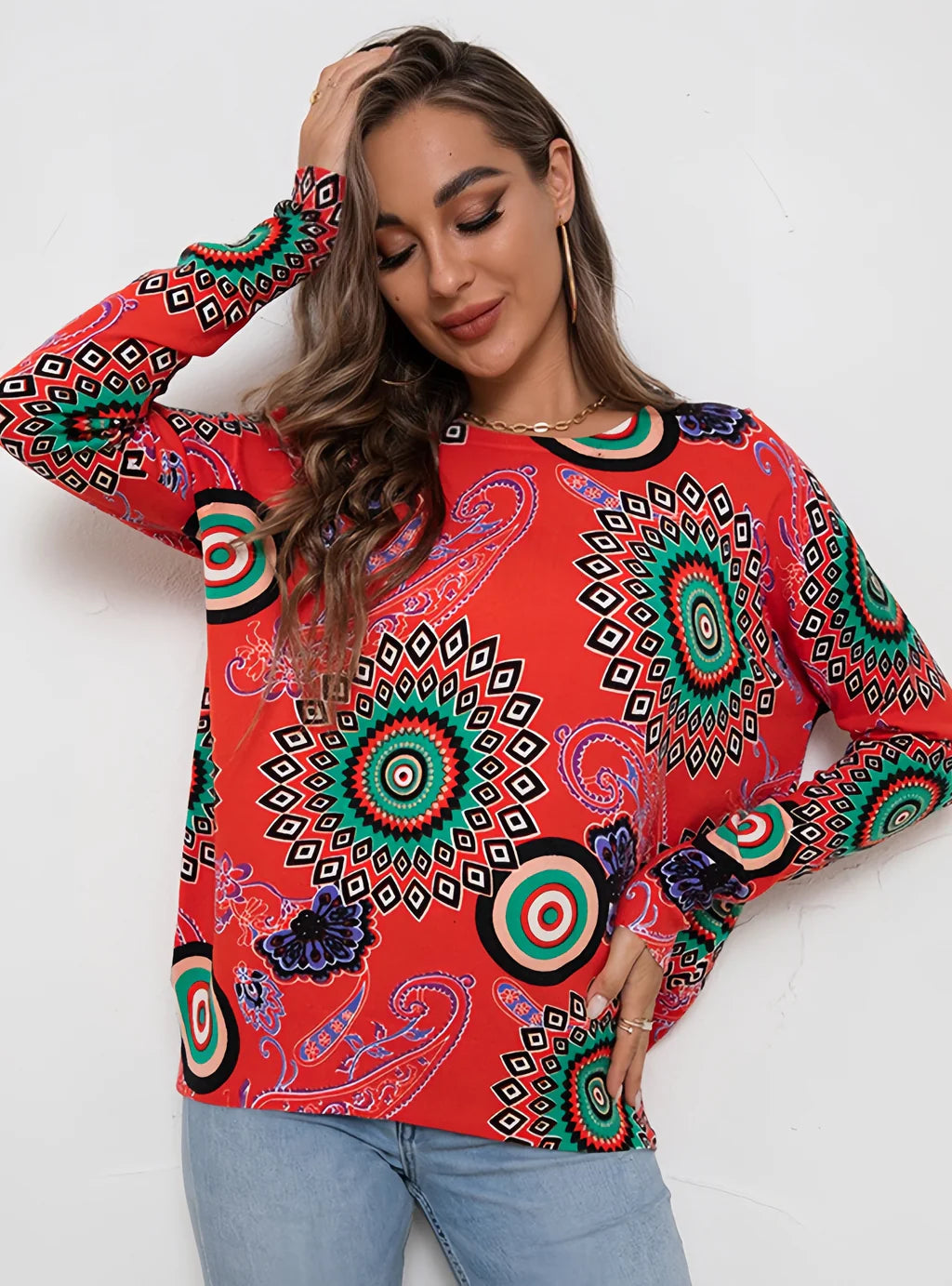 FASHION PRINTED LOOSE LONG-SLEEVED ROUND NECK SWEATER