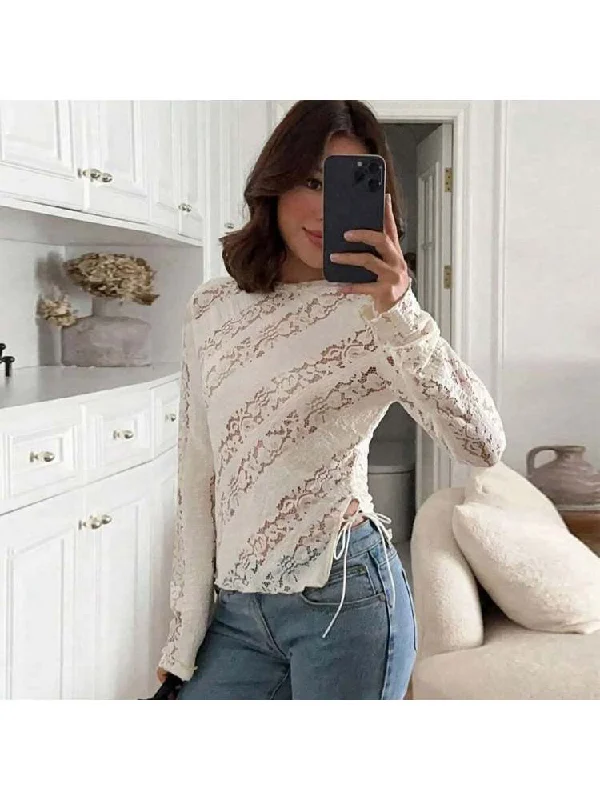 Lace Sheer Tie-wrap Long Sleeve Tops