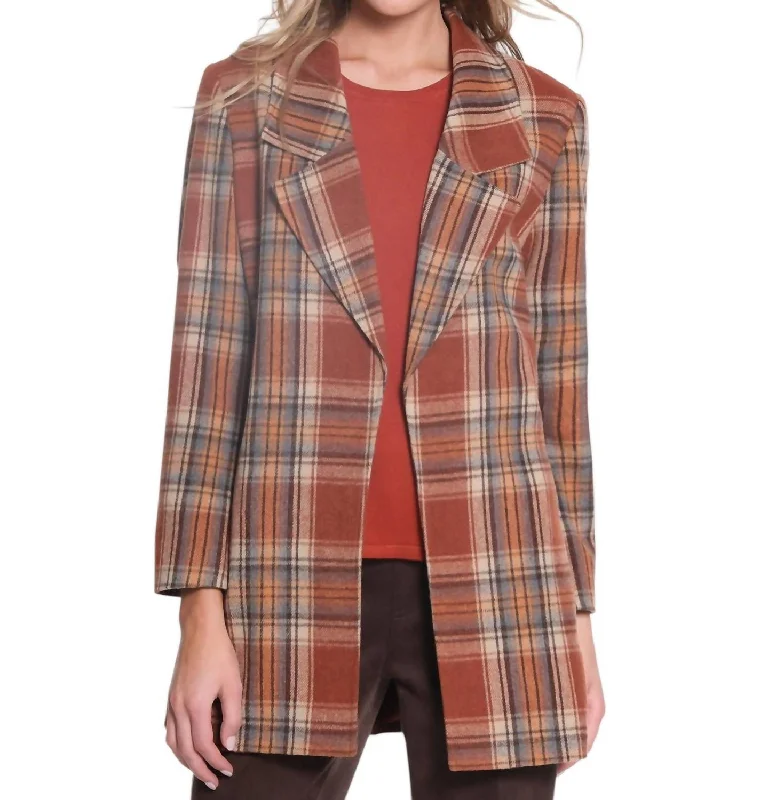 Long Sleeve Open Front Plaid Jacket In Multi