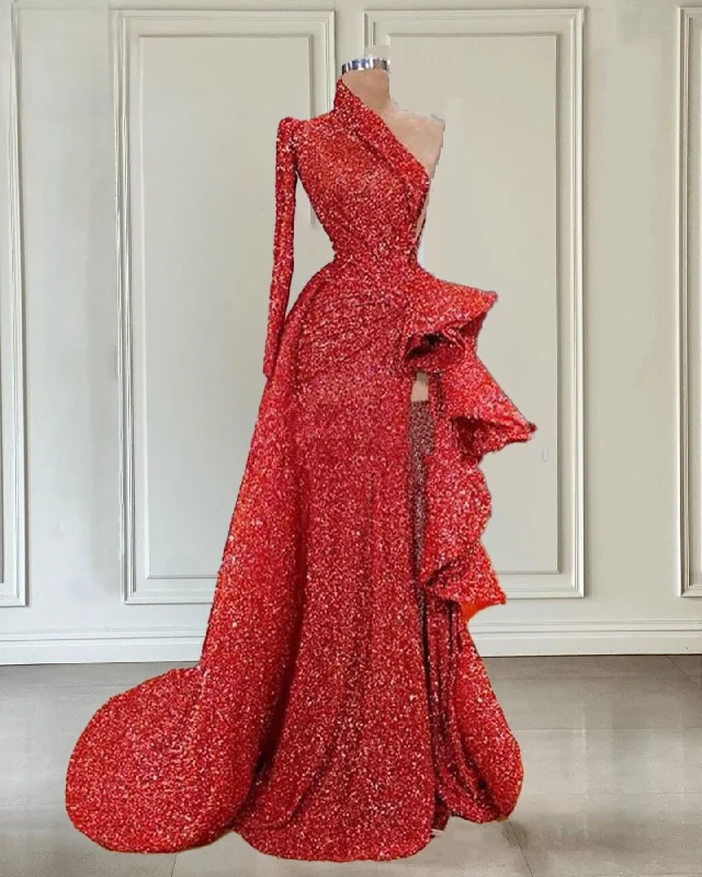 One Shoulder Long Sleeves Modest Red Evening Dress