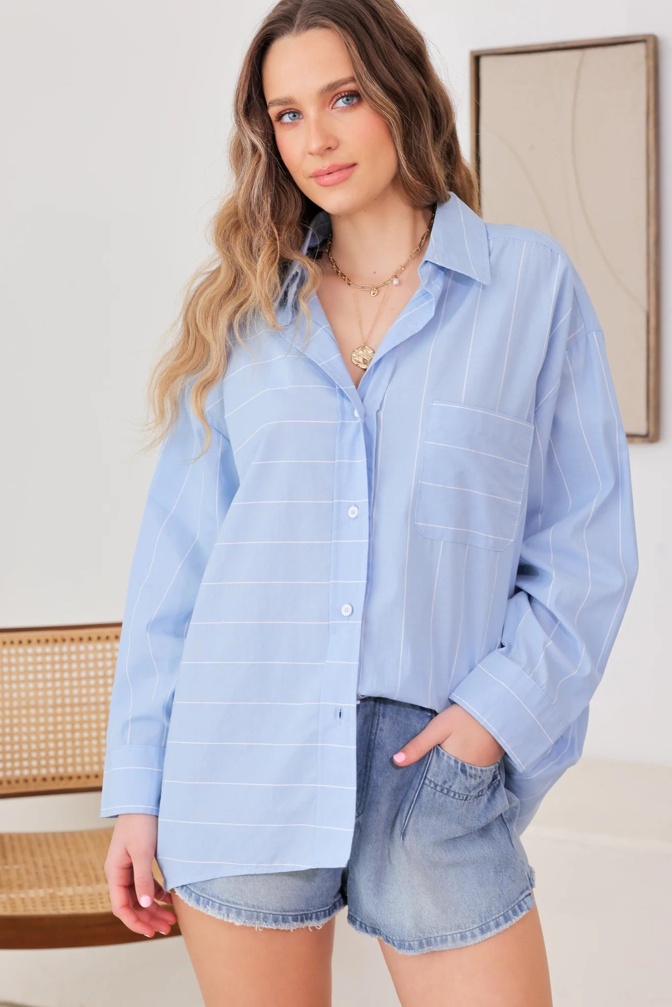 Cotton Stripe Single Pocket Button Up Shirt