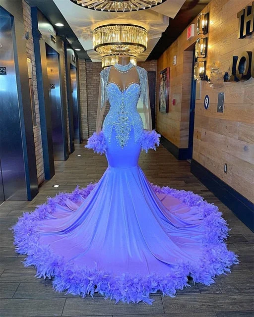 Light Purple Feathers Long Sleeve Prom Dress with Tassels Mermaid