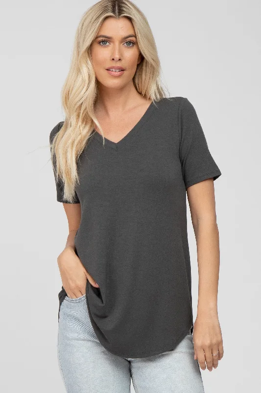 Dark Grey V-Neck Short Sleeve Round Hem Top