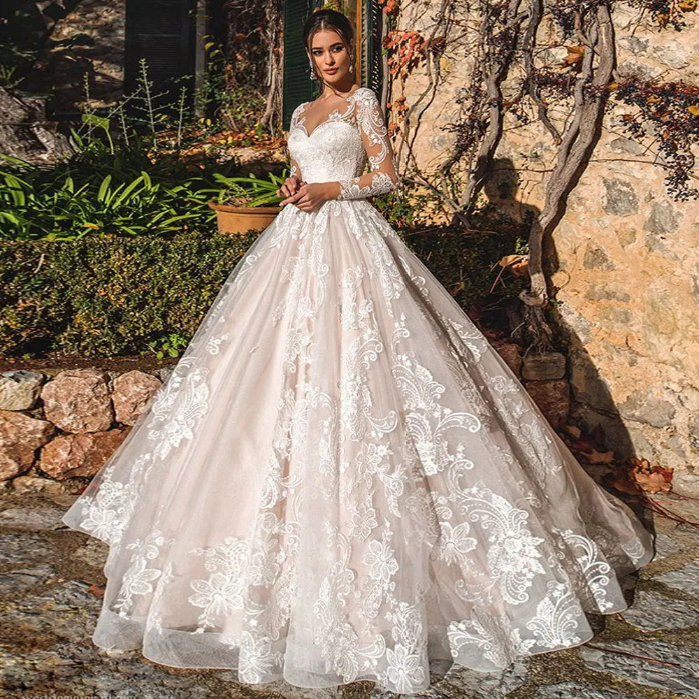 Gorgeous Long Sleeve Ball Gown Wedding Dress with Illusion Back