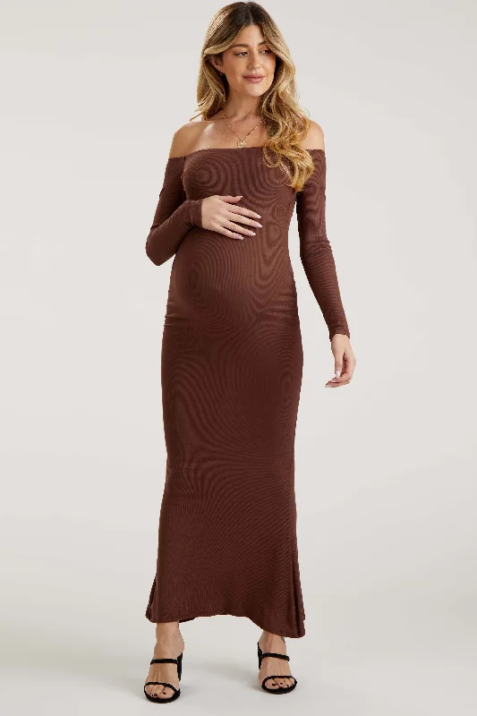 Brown Ribbed Off Shoulder Long Sleeve Maternity Maxi Dress