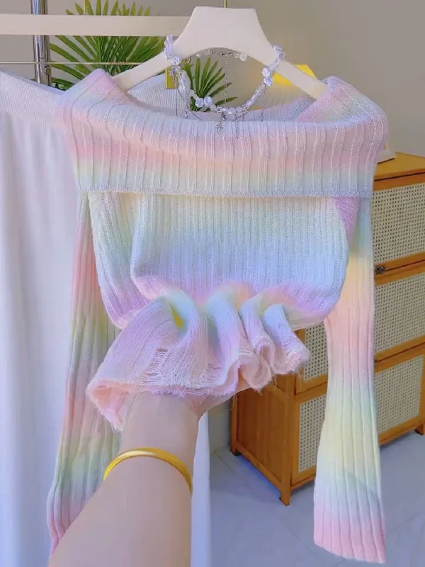 Elegant Ruffled Hem Sleeves Off-Shoulder Pastel Sweater