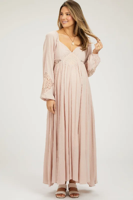 Light Pink Lace Accent Long Sleeve Maternity Maxi Dress