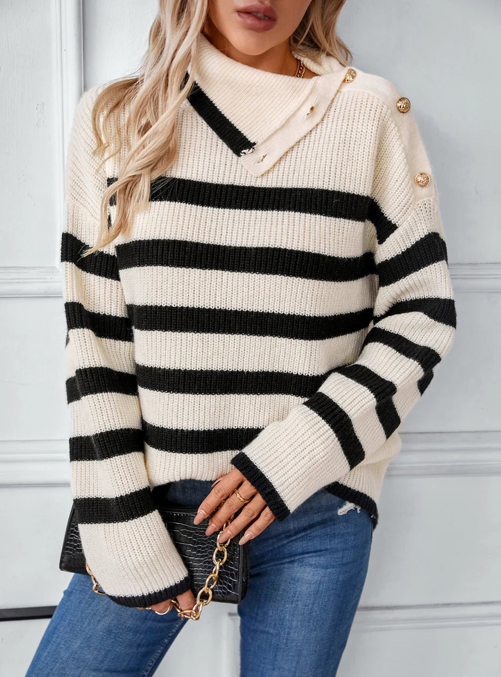 Striped Lapel Pullover Button Sweater