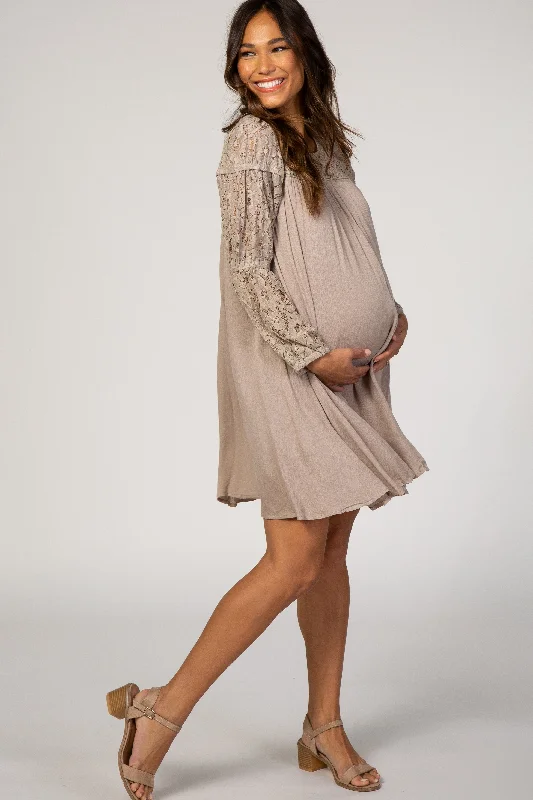 Taupe Long Sleeve Lace Keyhole Back Maternity Dress