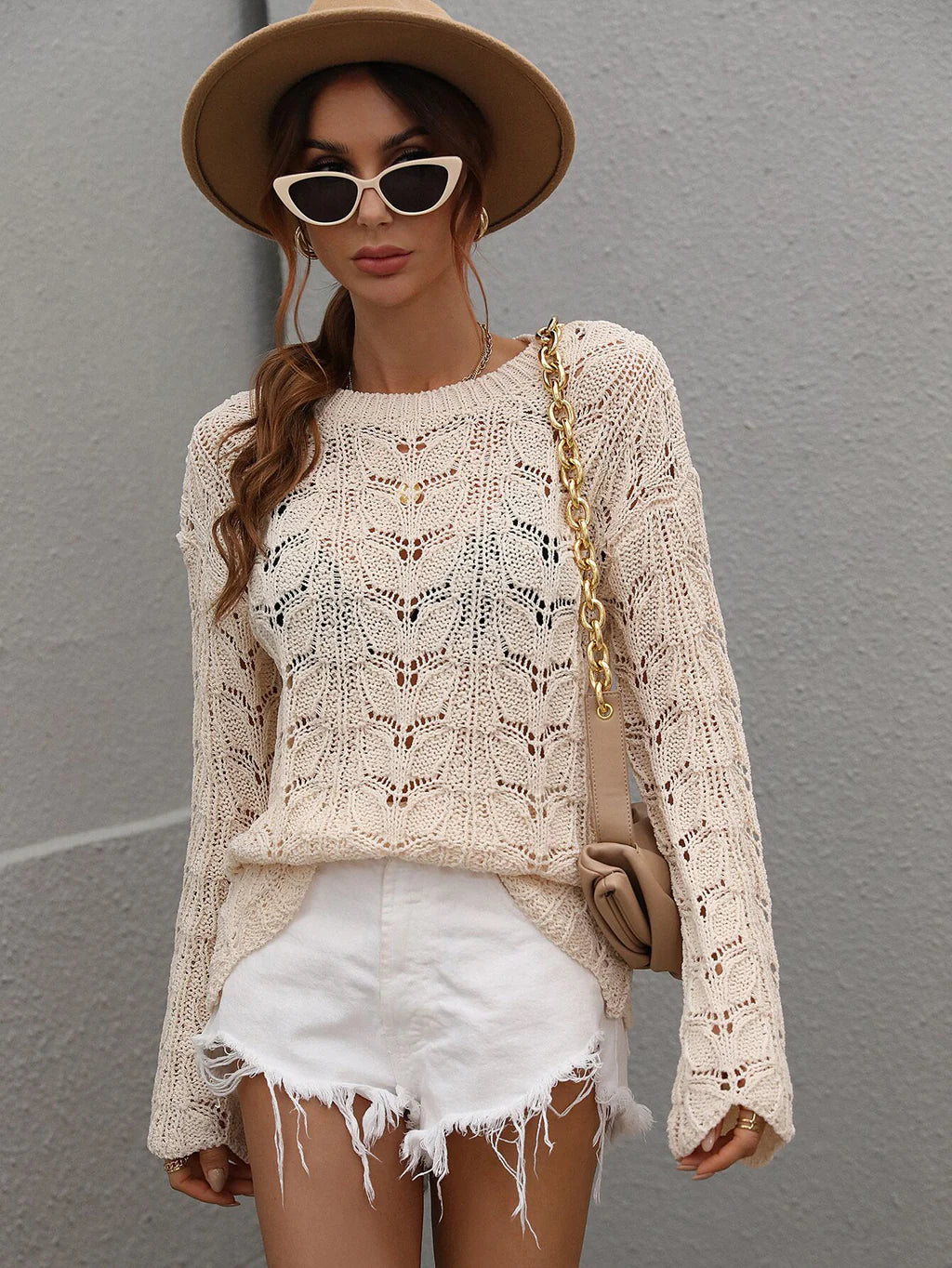 FASHION CROCHETED HOLLOW PULLOVER ROUND NECK LOOSE SWEATER