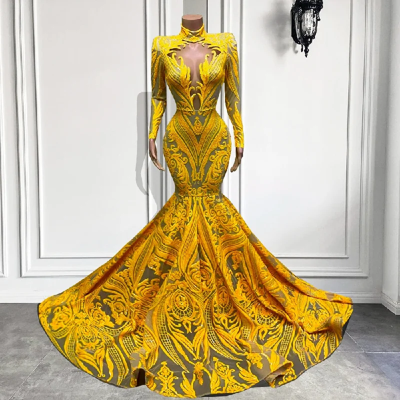 Sexy Yellow Sequin Mermaid Style Long Sleeve High Neck Prom Dress