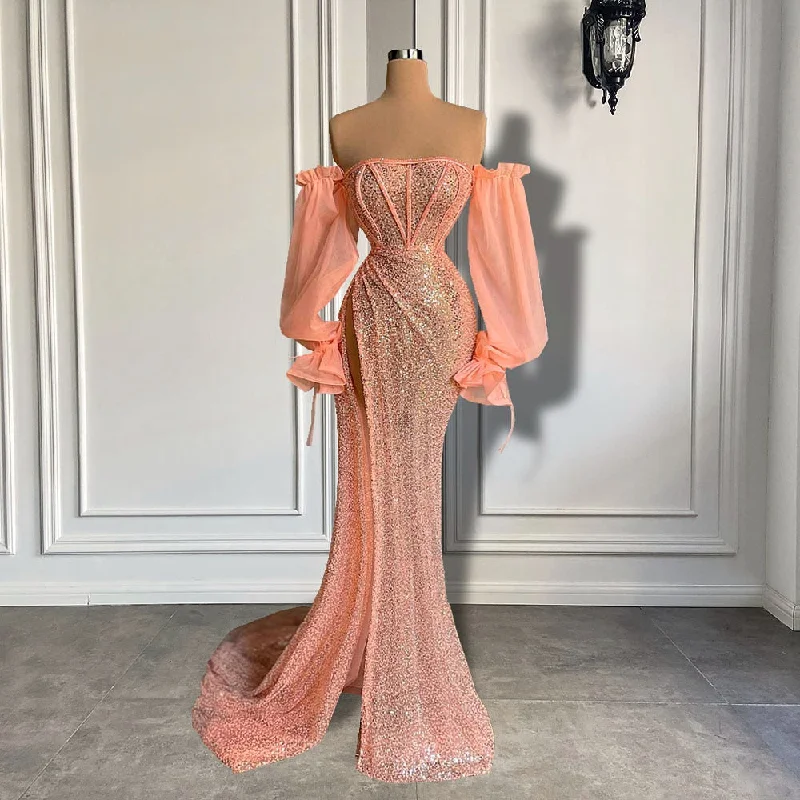 Elegant Sexy High Slit Long Sleeve Evening Dress