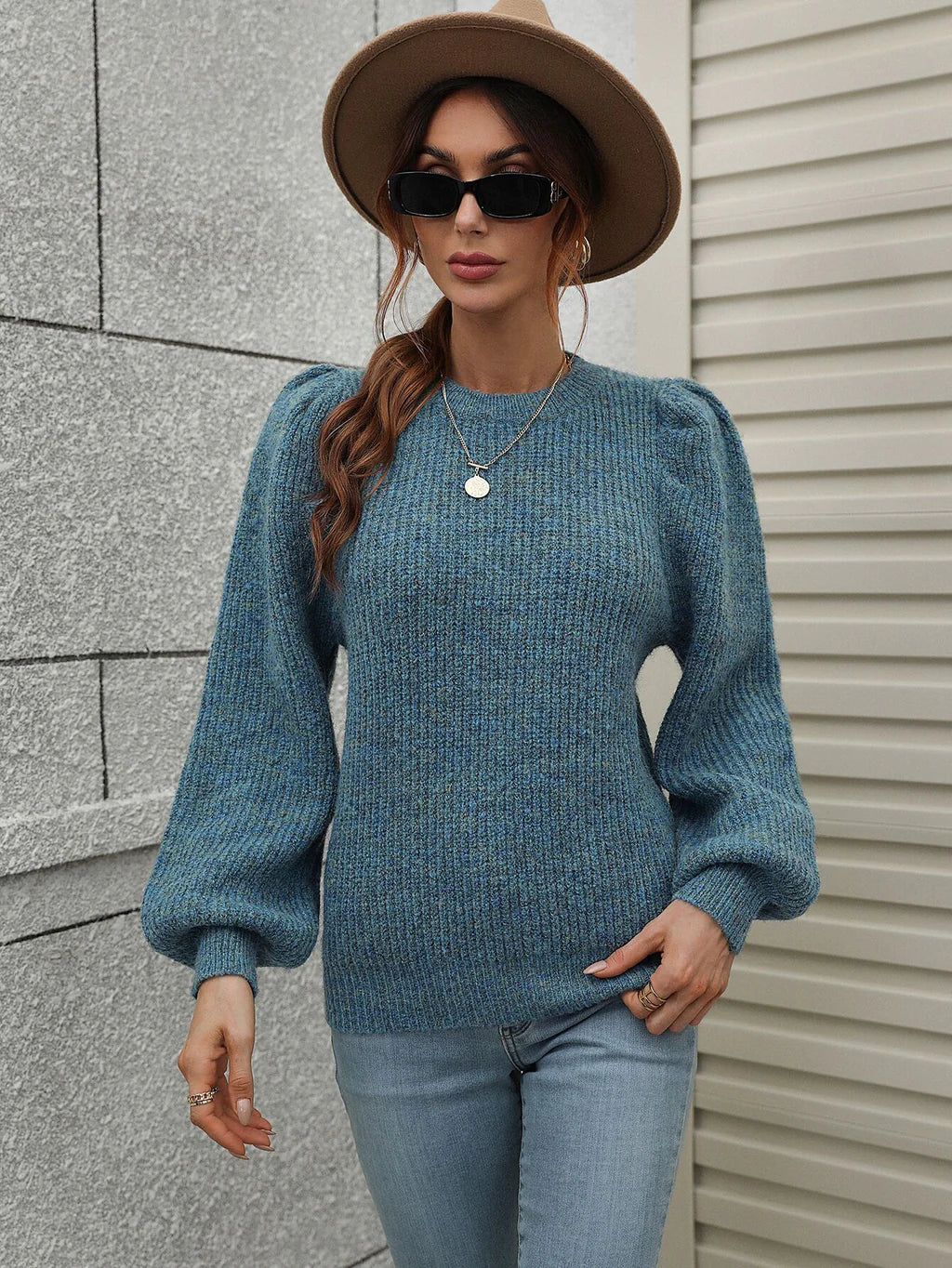 CLASSY SPLICED ROUND NECK LONG SLEEVE PLEATED LOOSE SWEATER