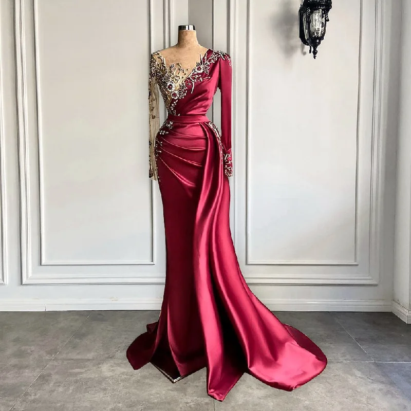 Luxury Long Sleeve Sheer O-neck Beaded Crystals Mermaid Style Burgundy Formal Long Evening Dress