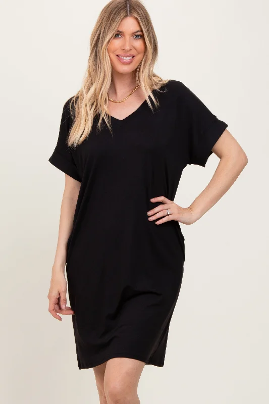 Black Brushed Rolled Short Sleeve V-Neck Dress