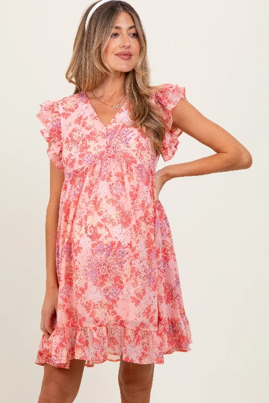 Pink Floral Chiffon Ruffle Short Sleeve Maternity Dress