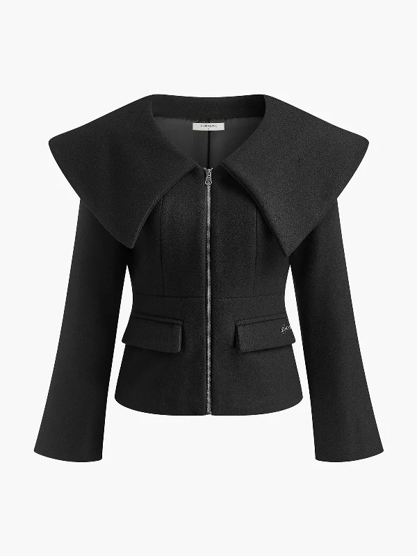 Oversized-Collar Slim Zipper Jacket