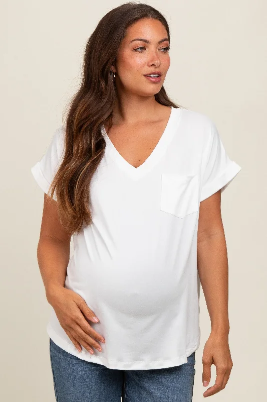 Ivory V-Neck Pocket Short Sleeve Maternity Shirt