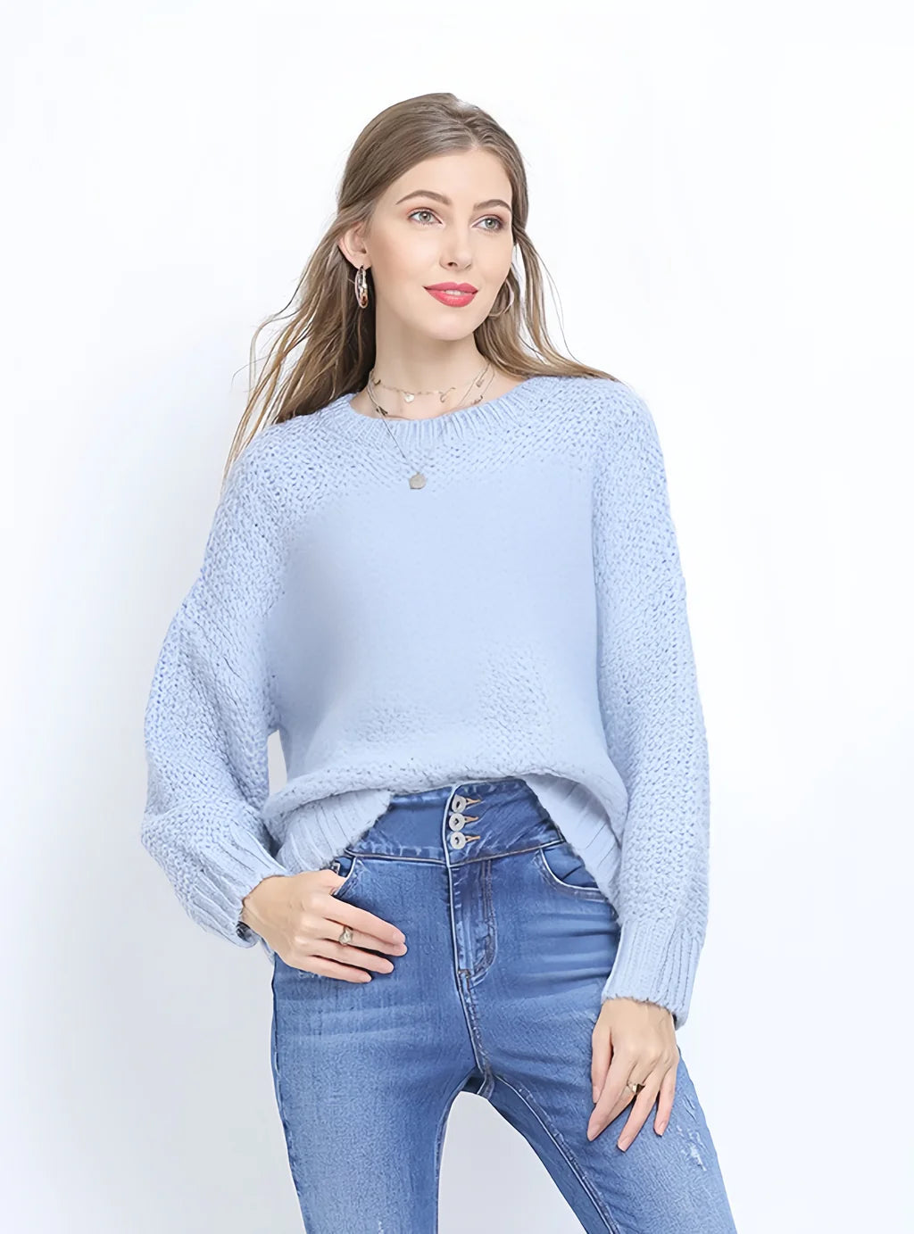 CLASSY ROUND NECK LOOSE SOLID COLOR SWEATER