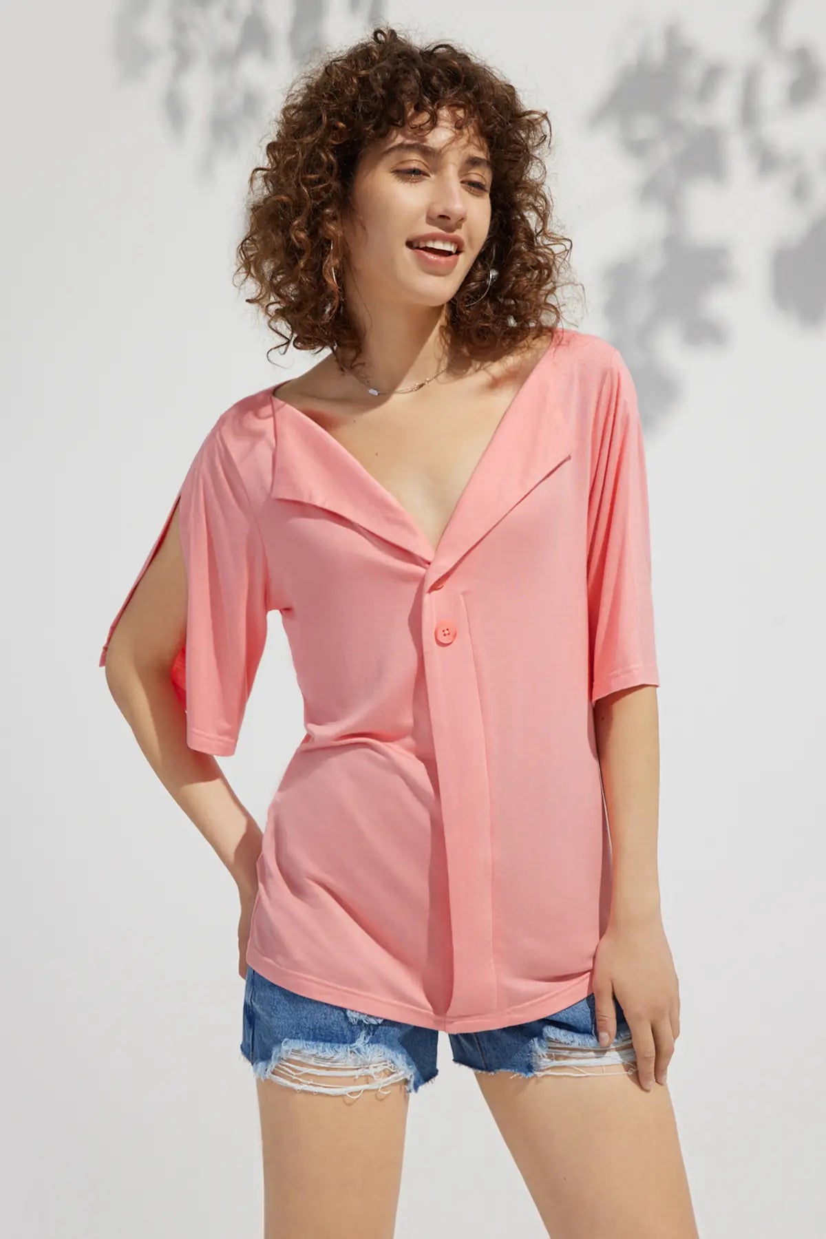 Plain Collar Button Front V Neck Short Sleeve Top