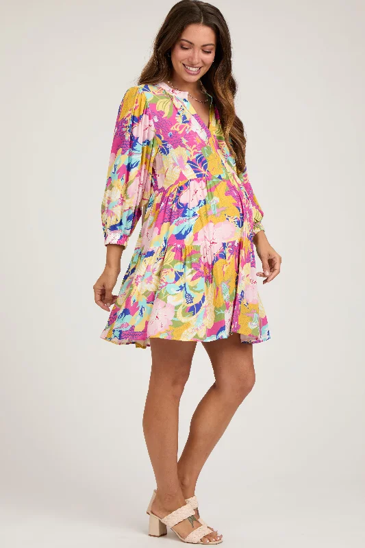 Fuchsia Multicolor Floral 3/4 Length Sleeve Maternity Dress