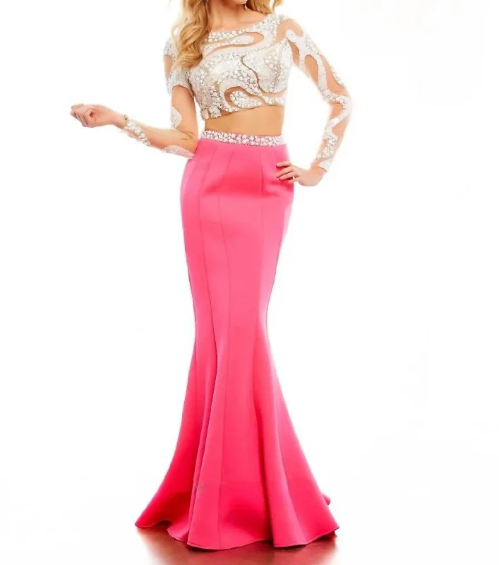 Long Sleeve Two-Piece Gown In Hot Pink