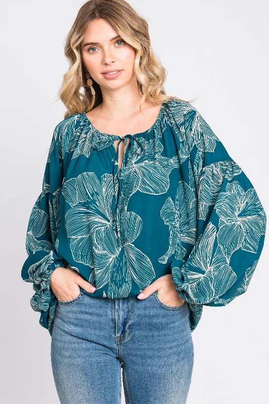 Teal Floral Tie Detail Long Sleeve Blouse