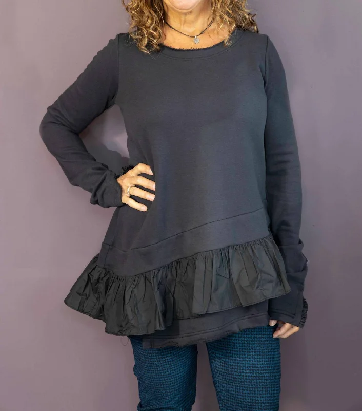 Long Sleeve Ruffle Hem Top In Black