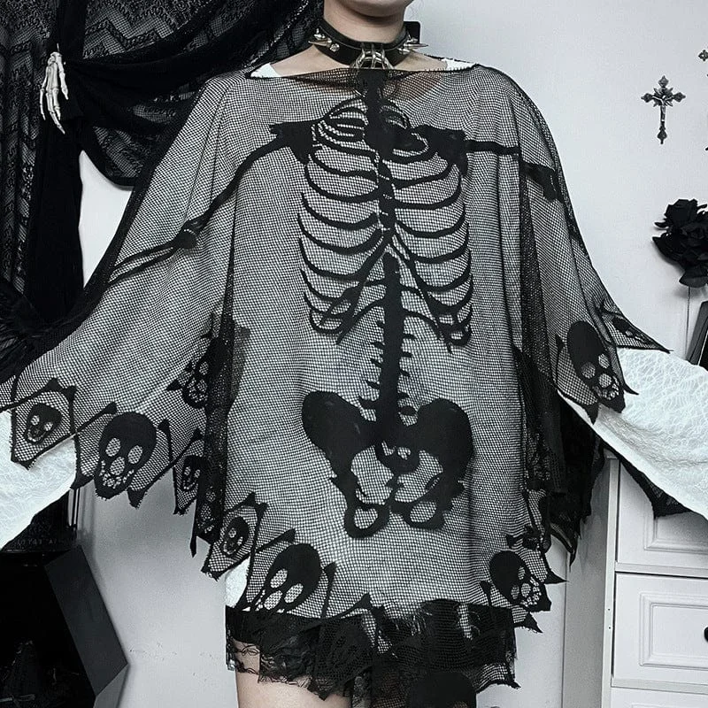 Women's Gothic Irregular Skull Printed Mesh Cape