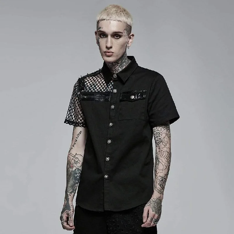 Men's Punk Rivet Splice Mesh Shirt