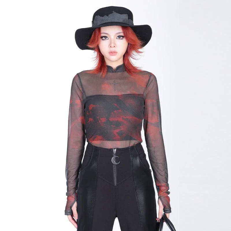 Women's Grunge Stand Collar Tie-dye Sheer Mesh Shirt