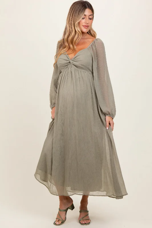 Olive Chiffon Twisted Front Maternity Midi Dress