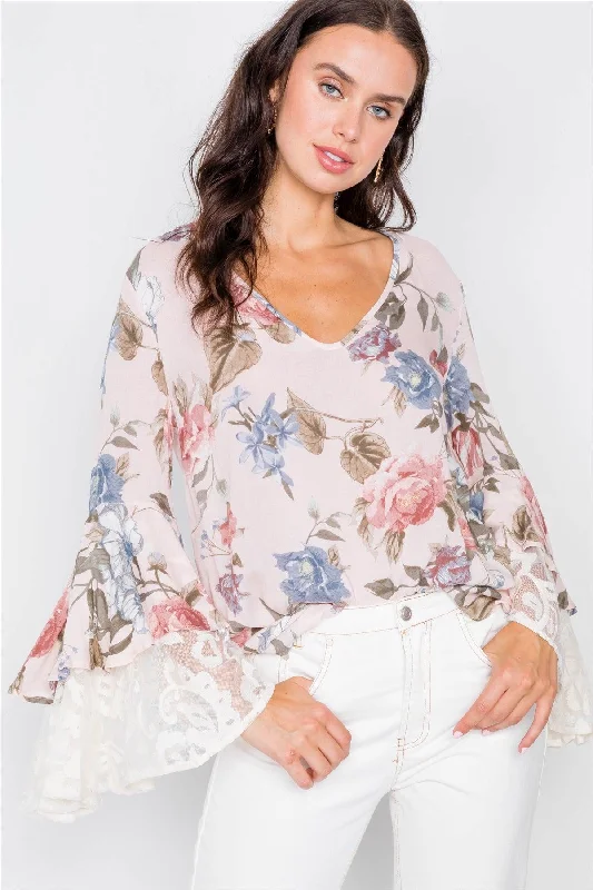 Blush & Floral Print Sheer Layered Trumpet Sleeve Blouse  / 2-2-2