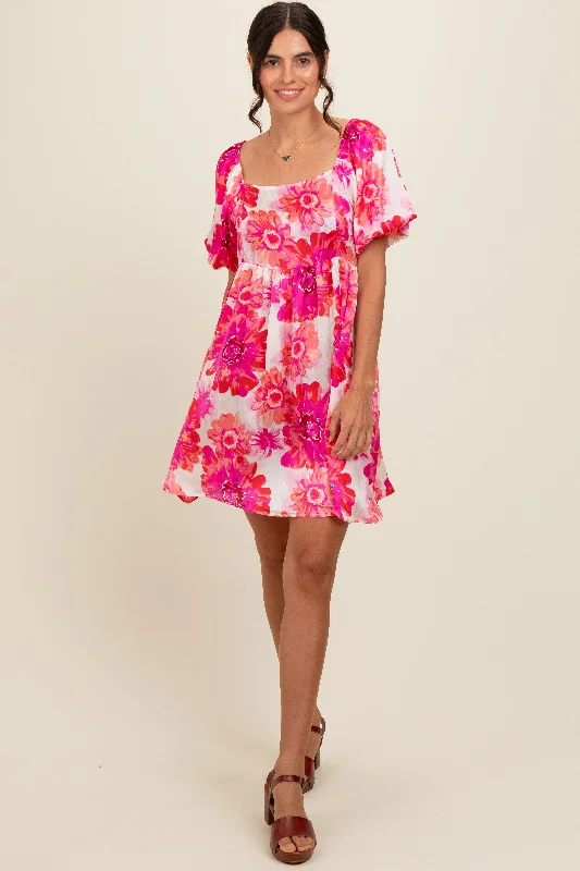 Fuchsia Floral Puff Sleeve Dress