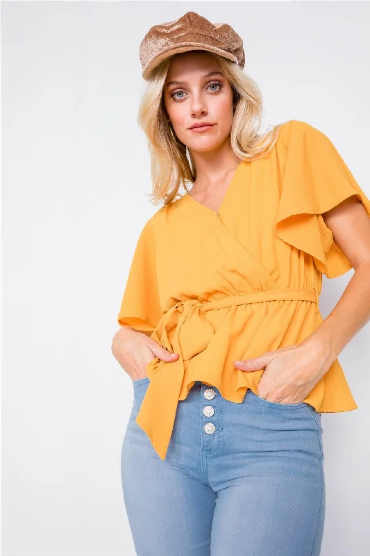 Mustard V-Neck Short Flounce Sleeve Chic Blouse  /2-2-2