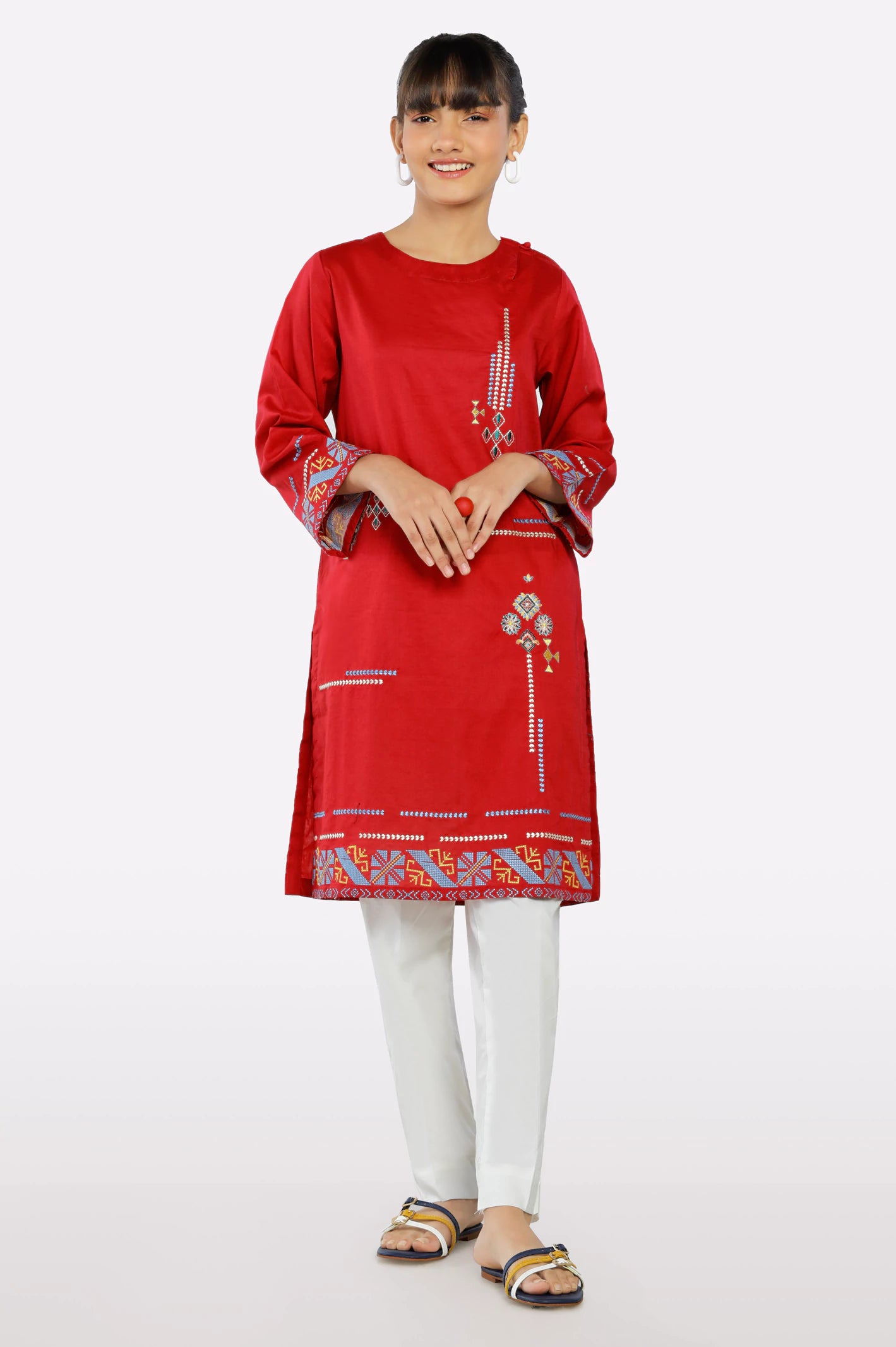 Red Embroidered Teens Kurti